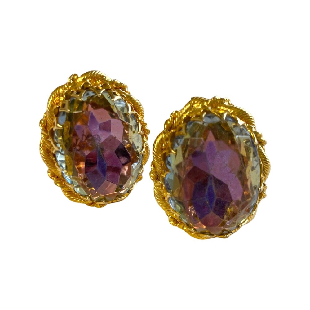 Vintage 1960s Opulent Pink Rainbow and Bright Gold Cabochon Cufflinks